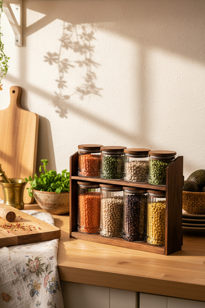 Snippy طقم ميرا ميكس - 8 قطع من حاويات التوابل الزجاجية مع أغطية خشبية وقاعدة خشبية للتخزين