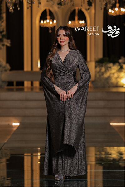 WAREEF FASHION Dark gold off-shoulder evening dress with long sleeves and a crystal-embroidered waist