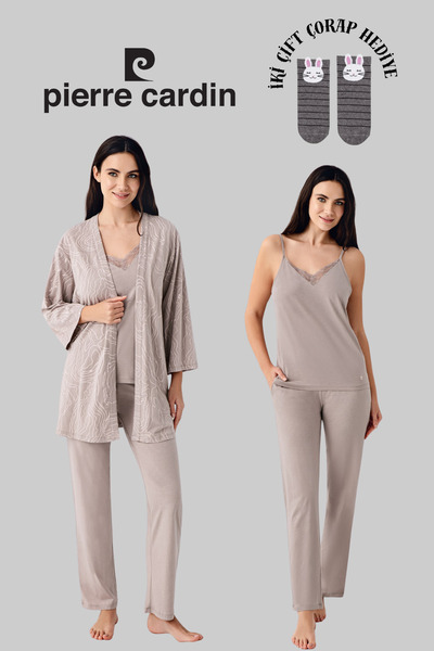 Pierre Cardin Women's 3-Piece Licensed Soft Texture Morning Gown Pajama Set with 2 Pairs of Socks Gift