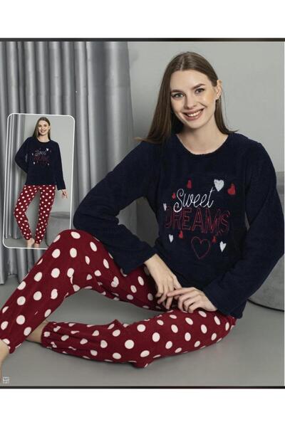 MOPİ Plush Crew Neck Animal Pattern Warm and Soft Long Sleeve 2-Piece Pajama Set