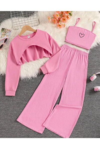 npLStore Детска суитшърт с принт на сърце и презрамки, къс спортен екип, комп...