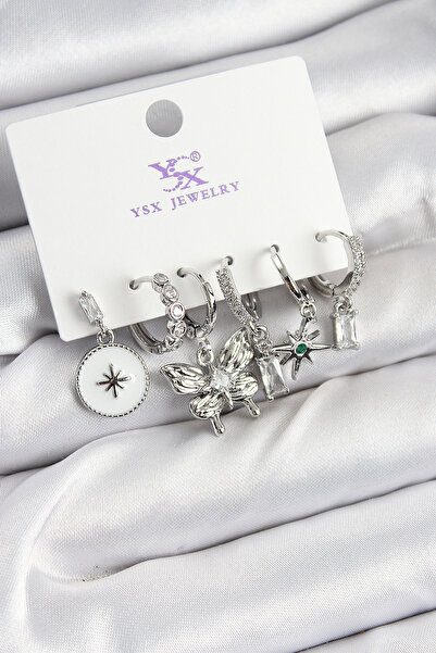 Skygo Brass Zircon Stone Butterfly and Star Model Silver Color 3-Piece Double Women's Earrings - Tj-Bkp10958