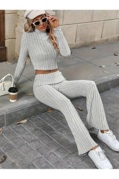 SWEETKORSE Half Turtleneck and High Waist Ribbed Ribbed Sports Casual Bottom Top Ribbed Two-Piece Suit Black