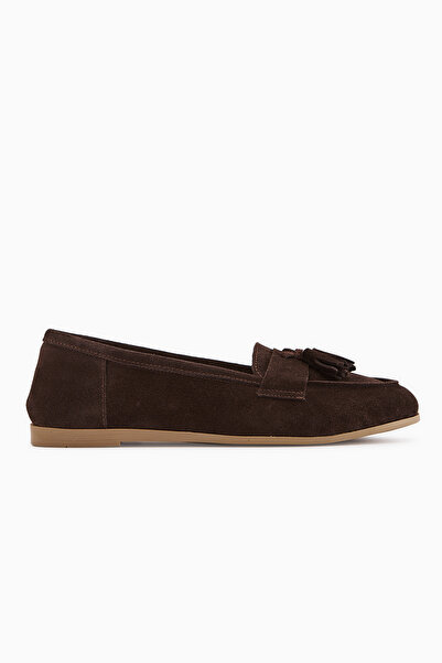 Limoya Doris Genuine Leather Brown Suede Tasseled Women's Loafer Shoes