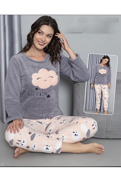 MOPİ طقم بيجامة من قطعتين بأكمام طويلة وياقة دائرية مصنوعة من القطيفة بنقشة ح...