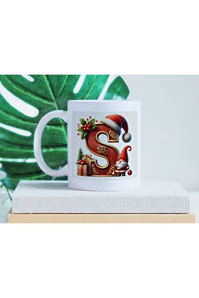 Beramussa Letter S Mug with Dwarf Santa Claus Figure - New Year / Christmas Themed Glittery Alphabet Design