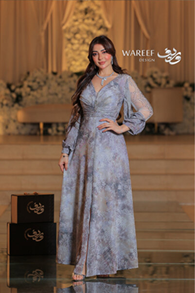 WAREEF FASHION Silver floral dress with elegant embroidery on the sleeves
