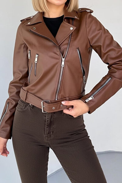 Random shopping Kadın Çift Fermuar Ve Kemer Detaylı 2 Cepli Deri Ceket