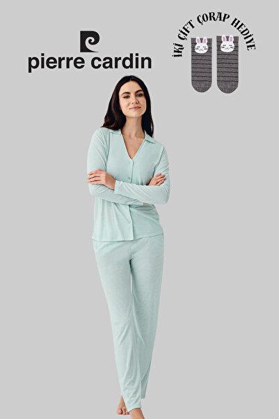 Pierre Cardin Women's Green Licensed Soft Texture Long Sleeve Buttoned Women's Pajama Set 2 Pairs of Socks Gift