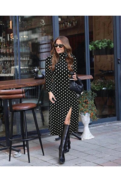 Genel Markalar MDB Kadın Uzun Kollu Balıkçı Yaka Yırtmaçlı Krep Elbise