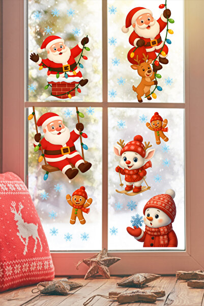 Echo Home Yılbaşı Sticker Seti – Sevimli Noel Baba, Kardan Adam, Geyik ve Kar Tanesi Pencere Süsü