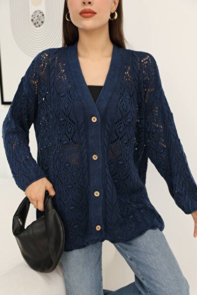 AYASOFYA OTANTIK Women's Navy Blue Button Closure Vintage Loose Cotton Patterned Knitwear Long Cardigan Cap