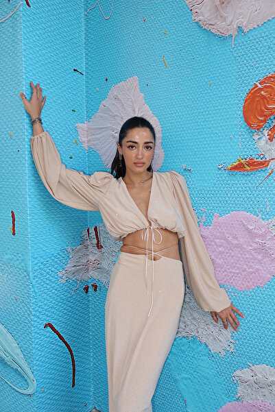 Roselenda Rhea Women's Beige Midi Skirt and Top Two-Piece Set