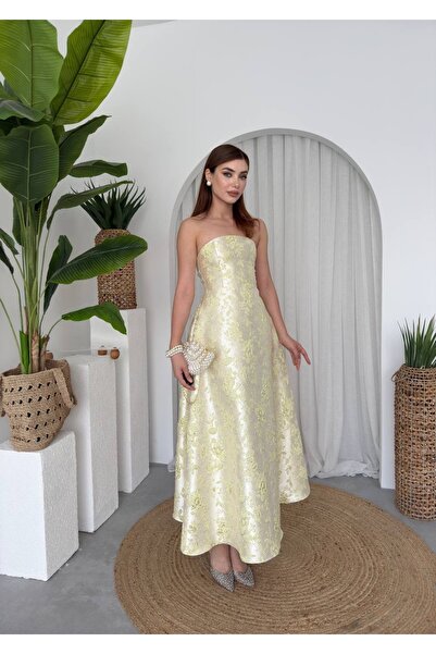 zoezoe Saten Jakarlı Tasarım Kloş Straplez Prenses Kadın Elbise