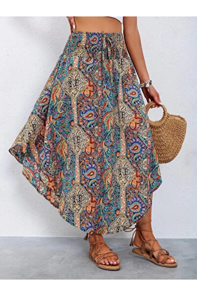 Little Visqon Mdb Women's Elastic Waist Lace-Up Asymmetrical Cut Detailed Patterned Wrap Skirt