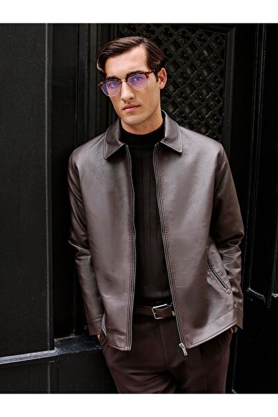 LC Waikiki Brown Shirt Collar Faux Leather Men's Coat
