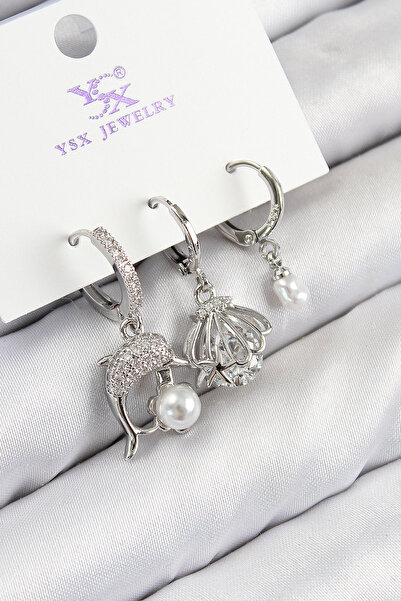 Skygo Brass Zircon Stone 3-Piece Dolphin and Oyster Model Silver Color Women's Earrings - Tj-Bkp11127