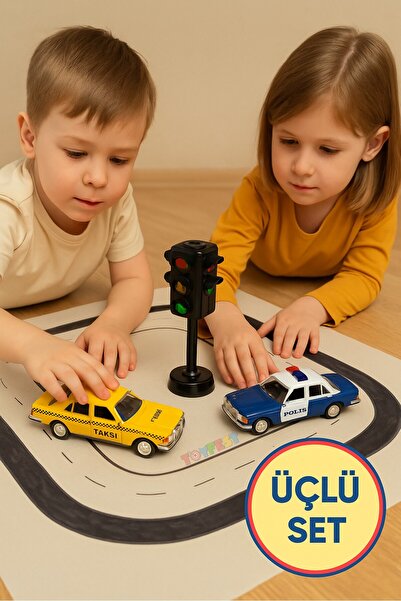 TOYFEST Metal Pull and Drop Taxi Police Car and Traffic Light Set of 3 Opening Doors Soft Rubber 11 cm