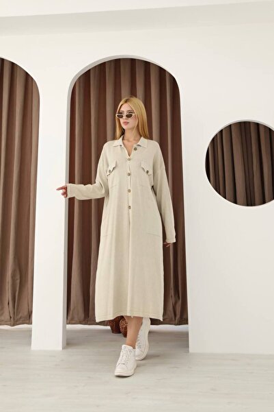 AYASOFYA OTANTIK Women's Beige Shirt Collar Button Closure Pocketed Vintage Loose Cotton Knit Midi Dress