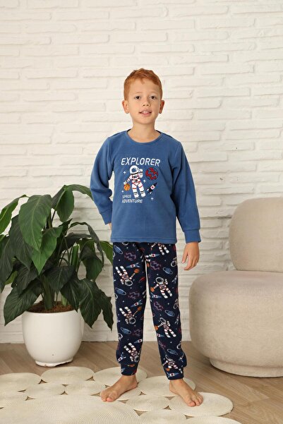 Mutlu City Yeni Stil Sonbahar/Kış Erkek Çocuk Uzay Figür Astronot Desen Polar Pijama Takımı 4565