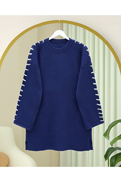 Modamorfo Striped Knit Tunic with Drawstring Sleeves - Navy