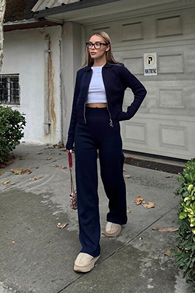 Swist Lacivert Cara Polo Yaka Çift Yönlü Fermuarlı Crop-Pantolon Kadın Triko Alt Üst Takım