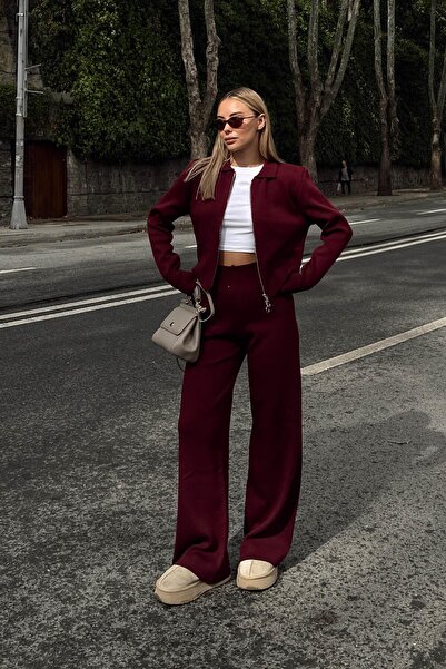 Swist Bordo Cara Polo Yaka Çift Yönlü Fermuarlı Crop-Pantolon Kadın Triko Alt Üst Takım