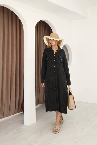 AYASOFYA OTANTIK Γυναικείο μαύρο πουκάμισο με γιακά με κουμπιά και τσέπες, αν...