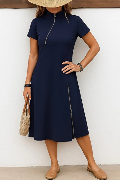 ARONA Mdb Women's Short Sleeve Midi Viscose Two-Thread Dress with Zipper at the Neck and Hem