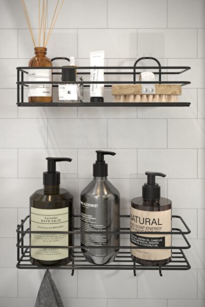 HKN HOUSE 2li Set Siyah Şampuanlık Banyo Düzenleyici Yapışkanlı 4 Askılı Duş Rafı Organizer