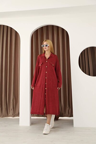 AYASOFYA OTANTIK Women's Burgundy Shirt Collar Button Closure Pocketed Vintage Loose Cotton Knit Midi Dress