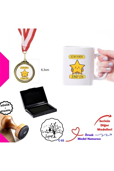 E-Hediyeci Kişiye Özel Kitap Kurdu Hediye Kutusu - Kitap Mührü, Madalya ve Ku...