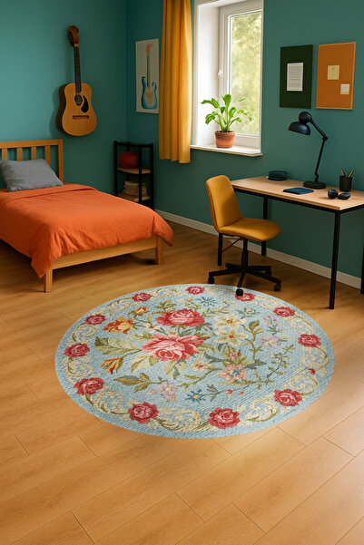 Rugs Modern Halı MOSSO Açık Mavi Temalı Gül Motifleri Desenli Dokuma Taban Mo...