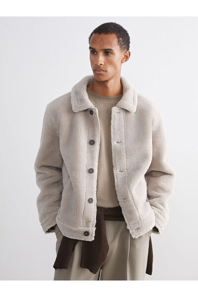 LC Waikiki Lcw Vision Beige Standard Fit Shirt Collar Plush Men's Coat