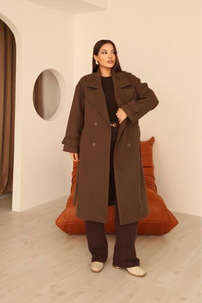 Leo Ferre Women's Brown Cashmere Double-Breasted Collar Long Coat.