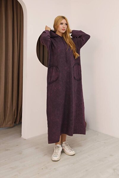 AYASOFYA OTANTIK Kadın Mor Kapüşonlu Cepli Eskitme Detaylı Pamuklu Uzun Kollu Triko Uzun Elbise