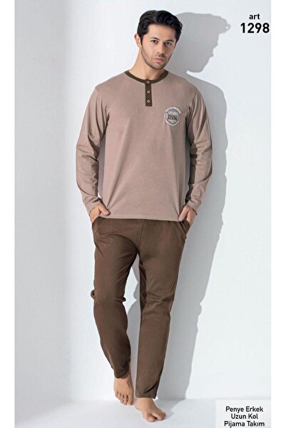 VAJESTO Erkek Açık Kahverengi Uzun Kol Pantolon Mevsimlik Cepli Beli Lastikli Pamuklu Fit Pijama Takım