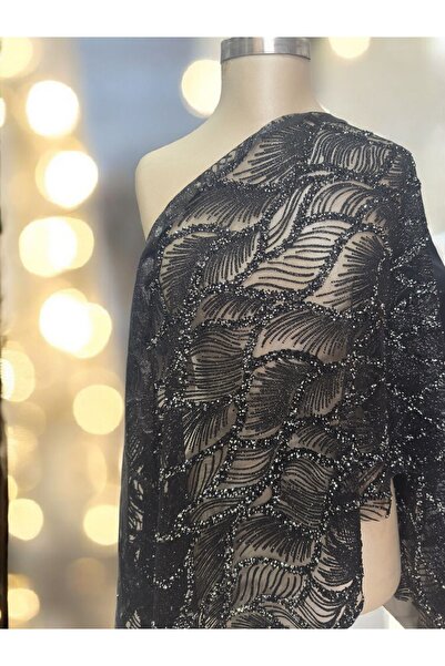 sedra Işıltılı Siyah Yaprak/Dalga Desenli Özel Dikim Elbise Kumaşı