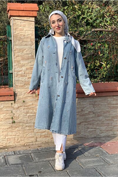 Moda Rosa 26K5363 - AÇIK MAVİ - ÇİÇEK TAŞLI UZUN TRENCH KOT