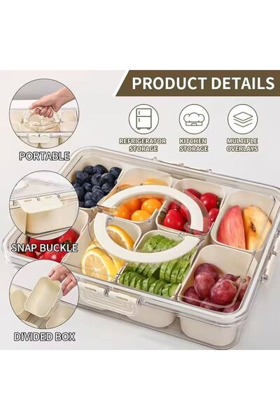 Generic Divided serving tray with clear lid and handle, designed for storing and serving snacks, nuts, fruits and desserts.