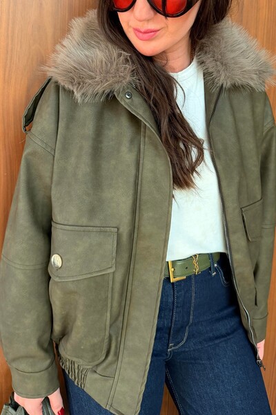 Suziş YAKASI ÇIKABİLİR KÜRK DETAYLI HAKİ RENK MONT 36821