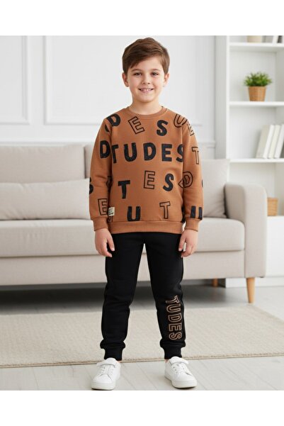 VOY KİDS Boys' Printed 3-Thread Fleece Winter Tracksuit Set for Ages 6-7-8-9-10 / Sweatshirt and Sweatpants