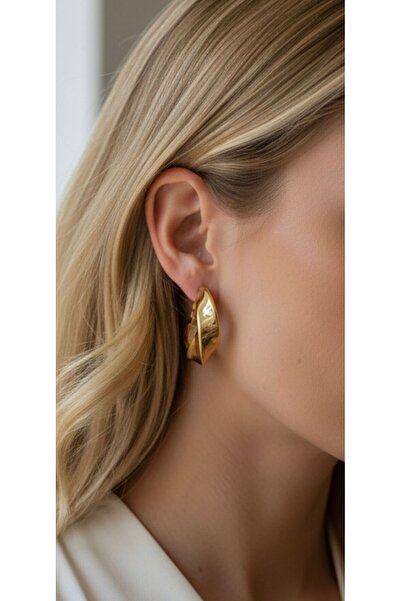 bettin tasarım 316L Paslanmaz Çelik Gold Renk Dalga Formlu Kadın Çelik Küpe