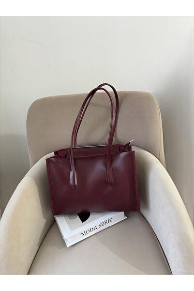 Moda Sekiz حقيبة كتف نسائية يومية كبيرة الحجم من الجلد الصناعي باللون العنابي