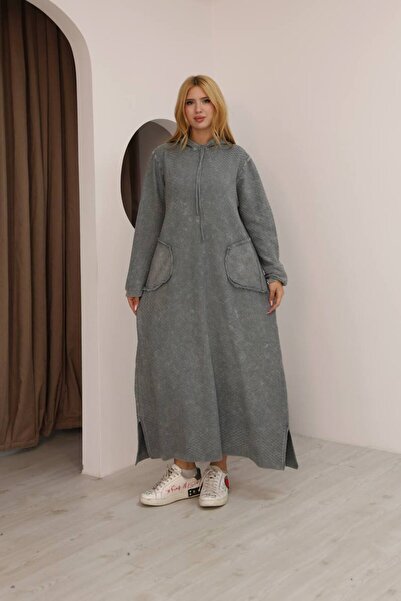 AYASOFYA OTANTIK Rochie lungă din tricot cu mânecă lungă din bumbac, gri, cu glugă, cu buzunare, cu detalii vintage