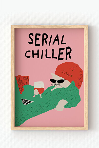 MIOVI Ahşap Çerçeveli Serial Chiller Kedi Tablo – Pembe Renk Eğlenceli Dekora...