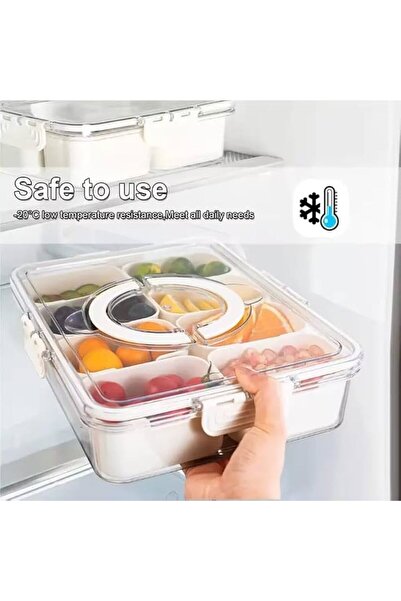 Generic Divided serving tray with clear lid and handle, designed for storing and serving snacks, nuts, fruits and desserts.