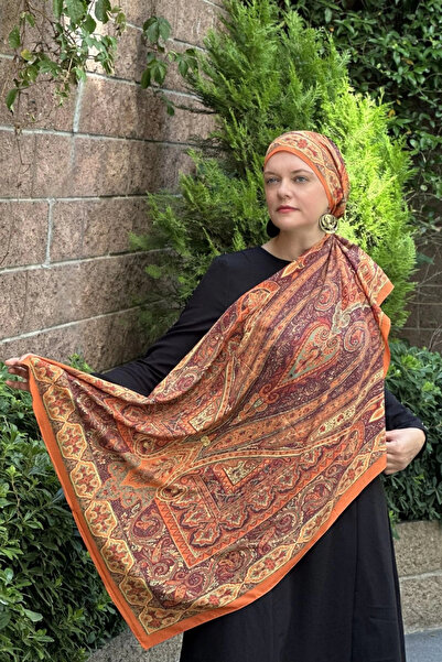 Noorella Scarf - Yankı Retro Desen Şal - Turuncu