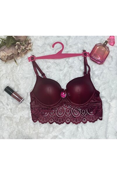 ECEM YILDIZ BORDO DERİ DANTELLİ DOLGULU BRALET SÜTYEN