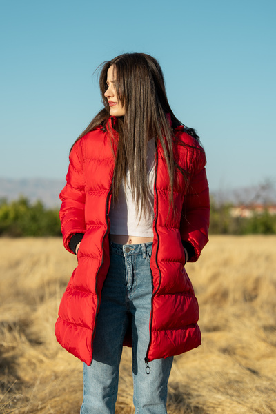 LEONE GYM Long Inflatable Plush Lined Black Children's Coat with Detachable Hood for Girls